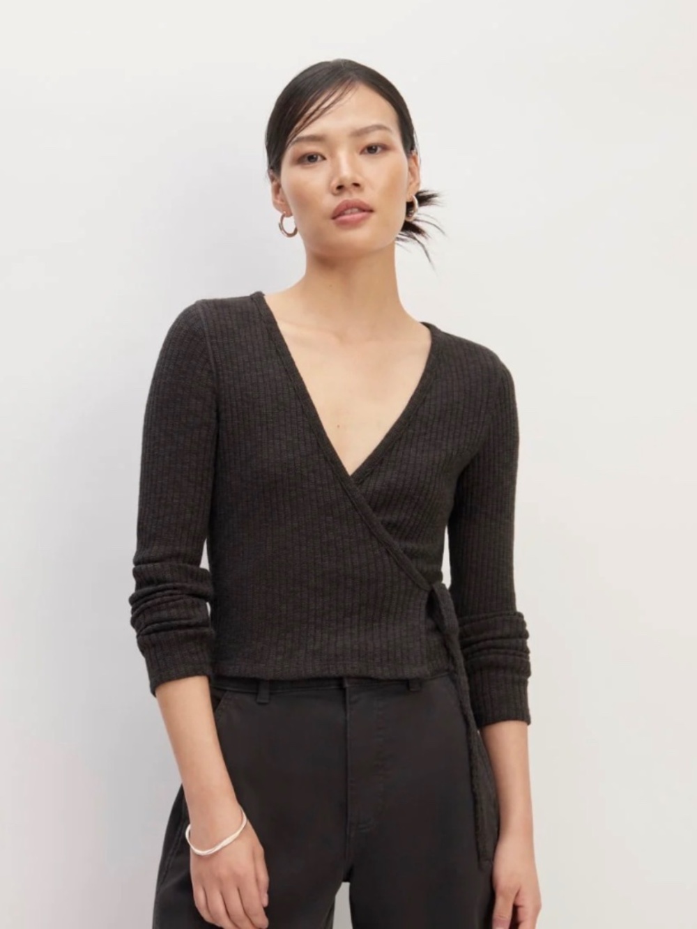 Everlane Cozy Rib Wrap Top in Grey / Black XS